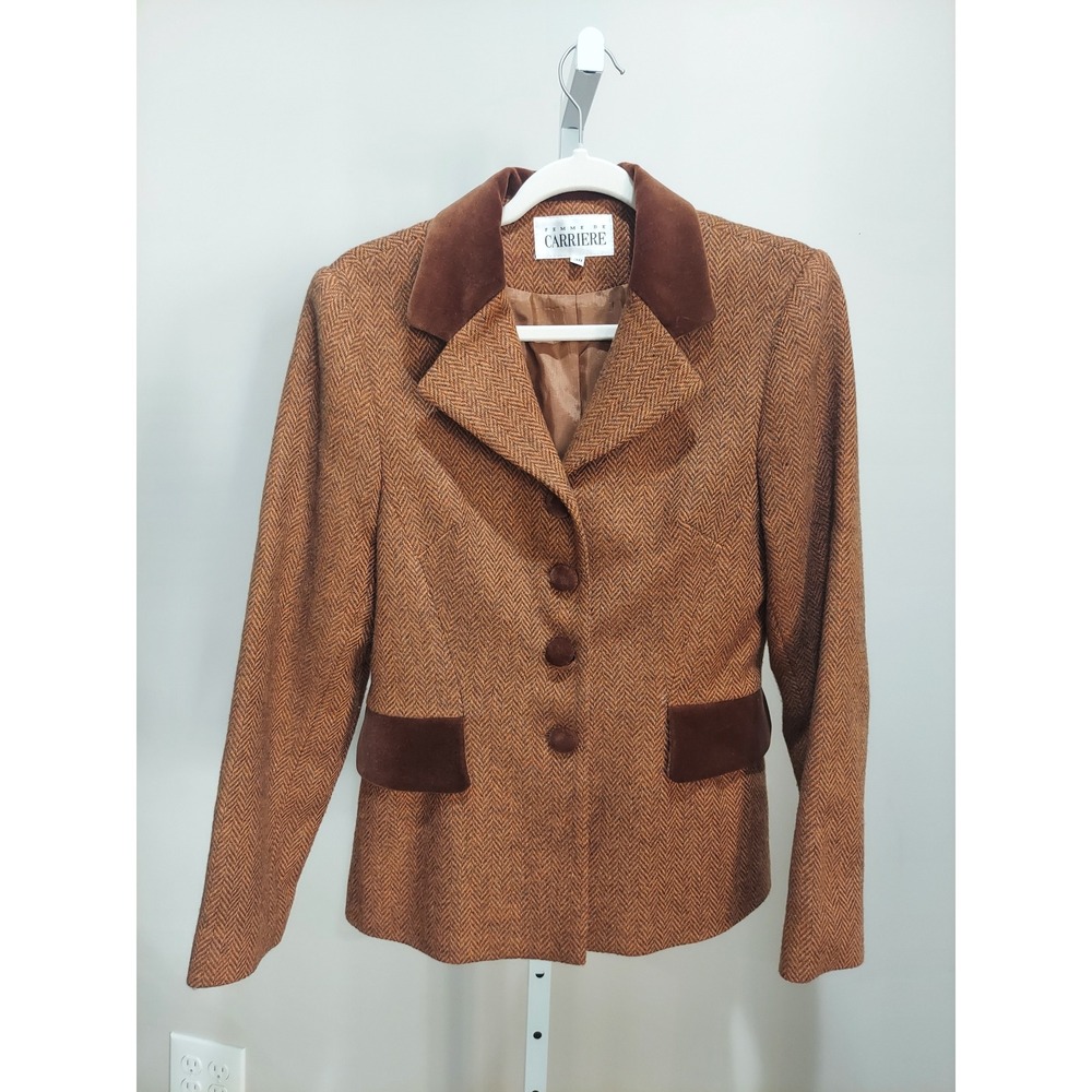 Femme de Carriere Herringbone Blazer Velvet Trim Wool Blend Jacket Twee Academia